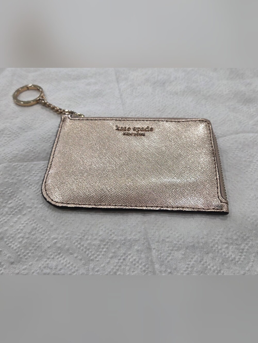 Kate Spade Metallic Champagne Rose Gold L-Zip Key Pouch Card Holder - Picture 3 of 10